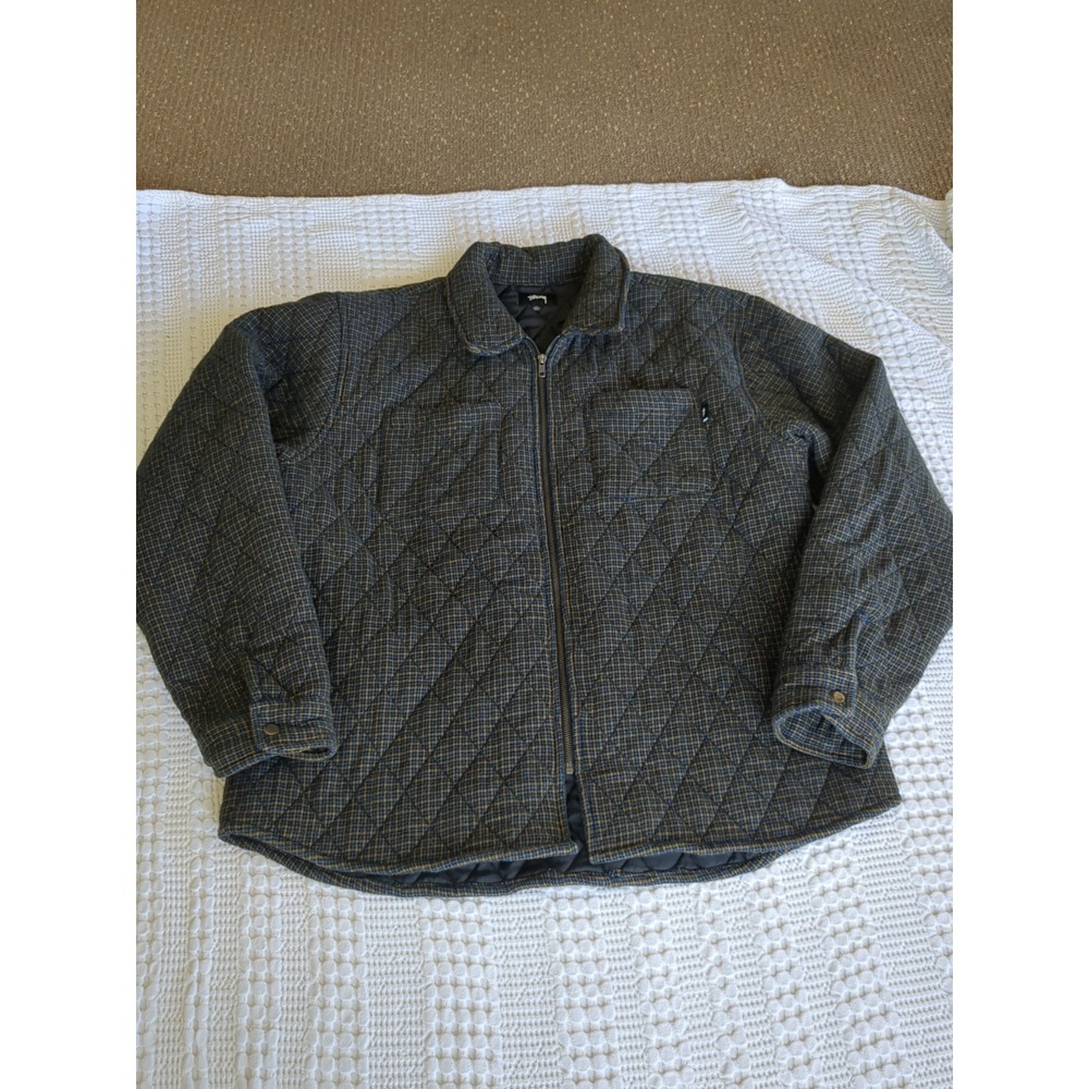 Stussy Mini Check Quilted Jacket Zip Sz XL Black Brown Blue